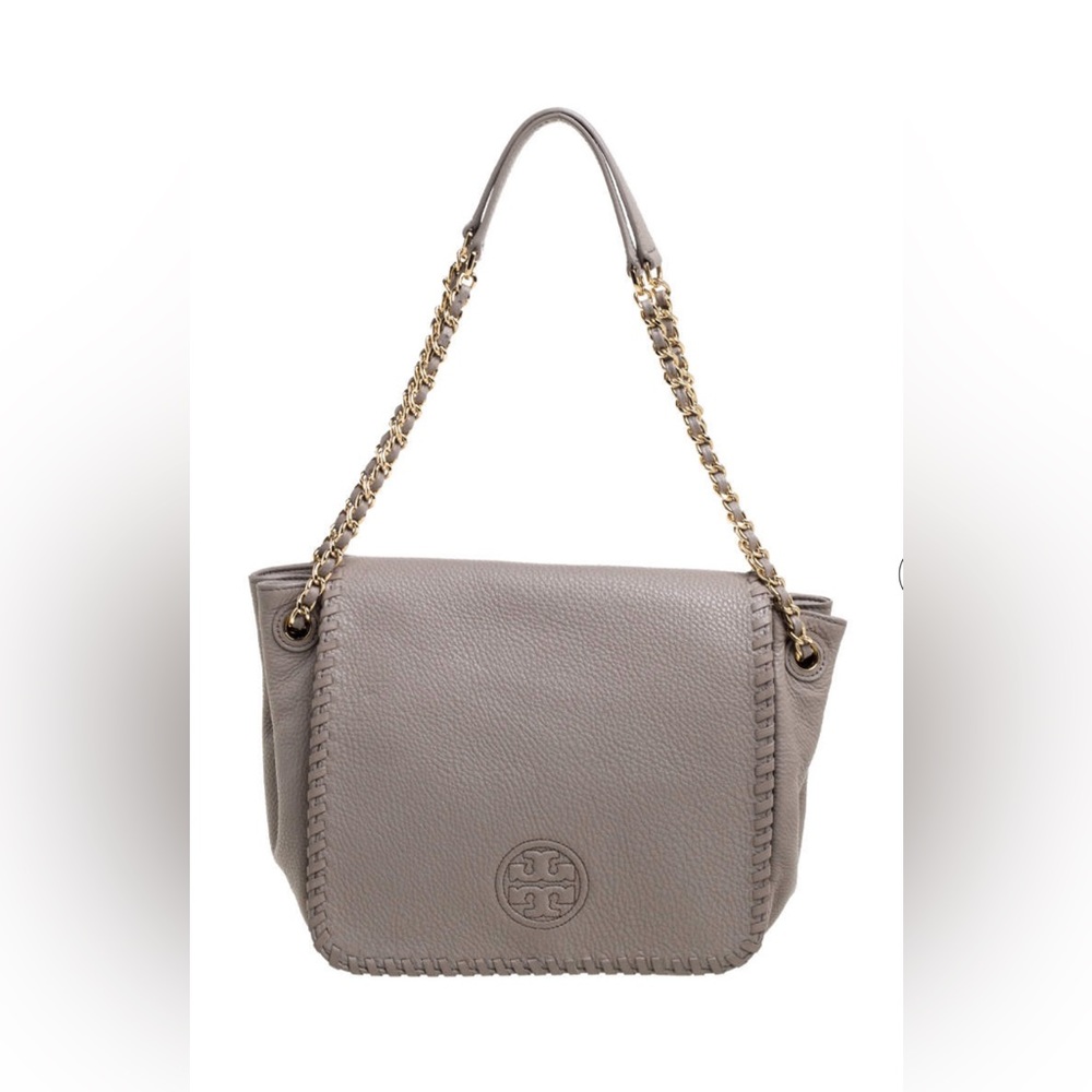Tory Burch Taupe Leather Flap Marion Shoulder Bag